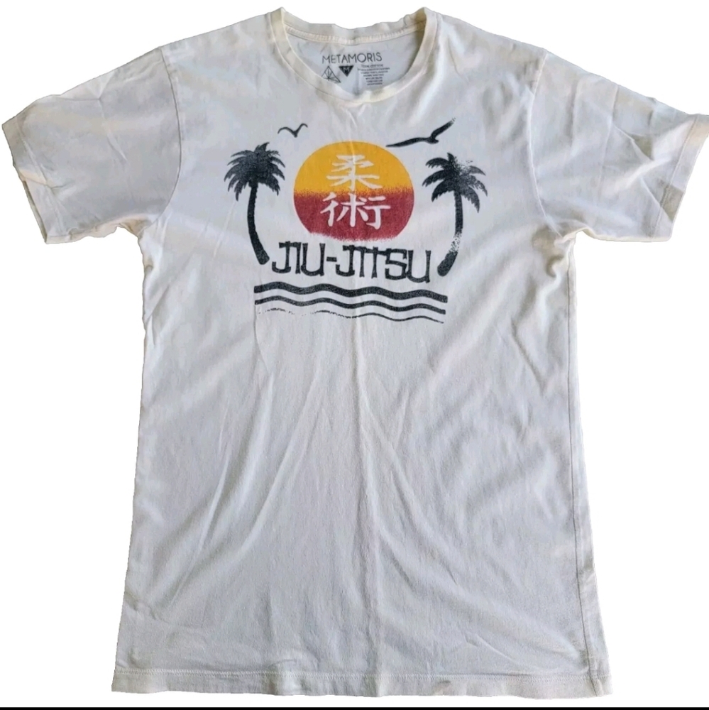Metamoris Jiu-Jitsu T-shirt “Palm Trees” Men's sz Medium Beige s/s Crew Neck